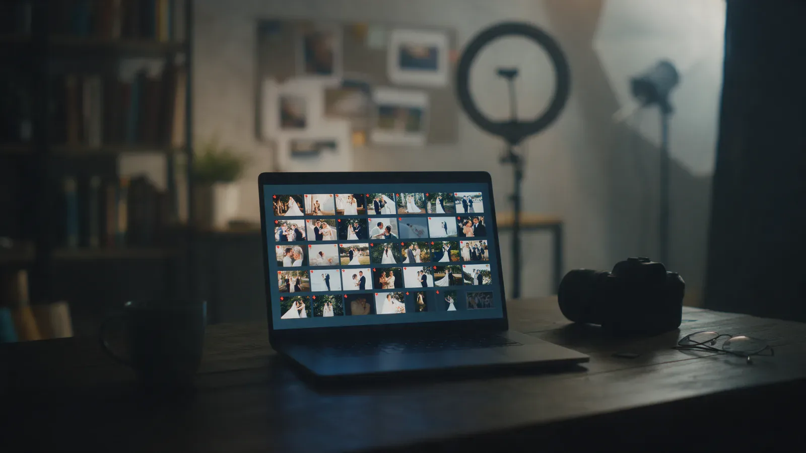 Laptop on a dark wooden desk in a photo studio showing a grid of wedding photo thumbnails, a few marked with small red flags, with a camera and reading glasses beside it