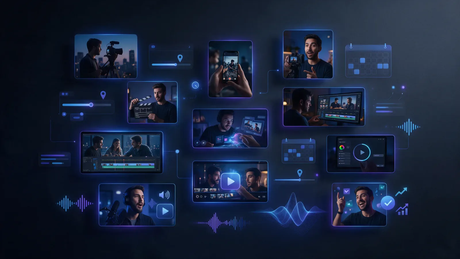 A grid of vertical short-form video frames with soundwave and play-button glyphs on a dark navy workspace, showing a month of video hooks and descriptions batched together.